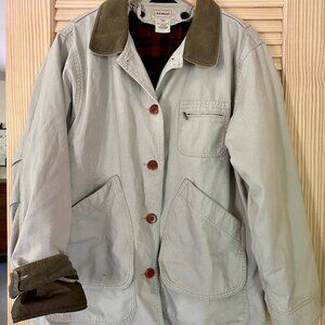 LL Bean Primaloft Beige Jacket With Plaid Removable Lining